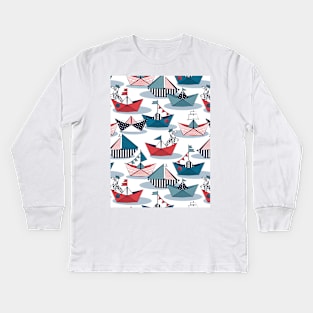 Origami dog day at the lake // pattern // white background red teal and blue origami sail boats with cute Dalmatian Kids Long Sleeve T-Shirt